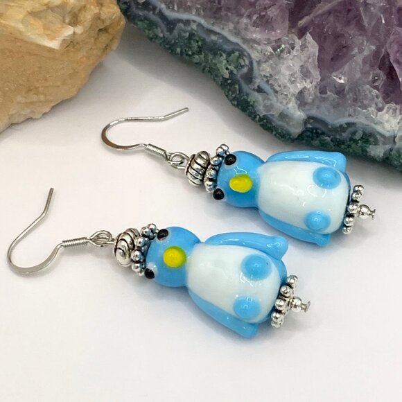 Sky Blue Penguin Animal Lampwork Bead Handmade Pierced Earrings LR150 - Picture 1 of 5